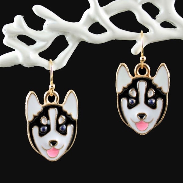 HUSKIES - Husky Dog Earrings, Enamel, Gold, Animal Jewelry, Seattle Football, Snow Dog, Alaska Sled Dog, Cute