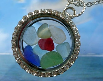 KALEISOSCOPE - Genuine Seaglass Round Flat Glass Locket, Rhinestone, Magnetic Clasp, Opens, Pendant Necklace, Silver, Shiny Circle