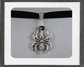 GIANT SPIDER - Black Velvet Choker, Necklace, Antiqued Silver, Large Pendant, Faceted Black Crystal, Halloween, Gothic, Arachnid