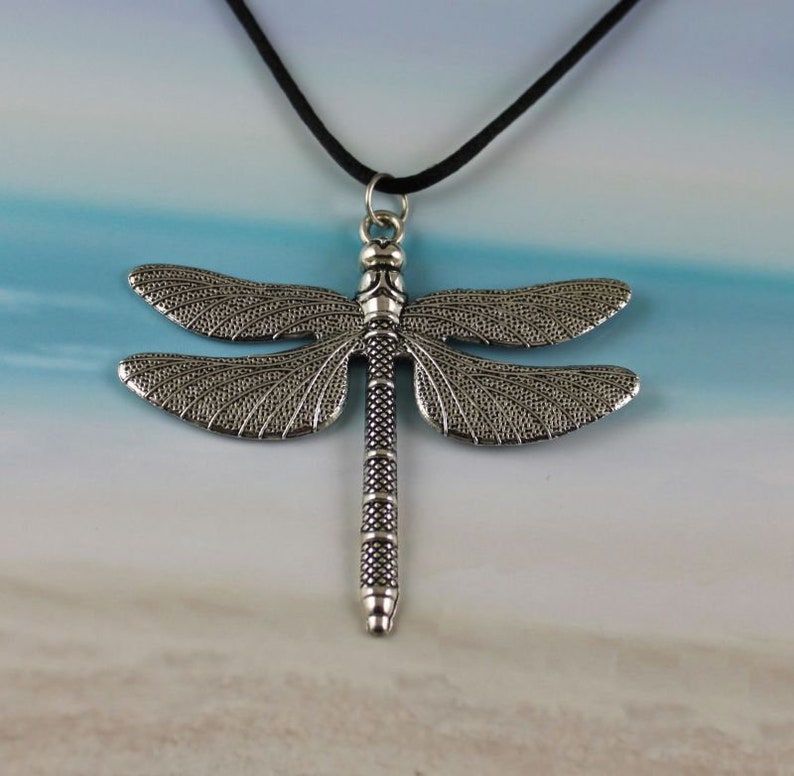 INTRIGUE Large Dragonfly Necklace, Antiqued Silver, Summer Jewelry, Flying Bug, Nature Jewelry, Black Cord, Insect, XL Wings, Personalized image 7