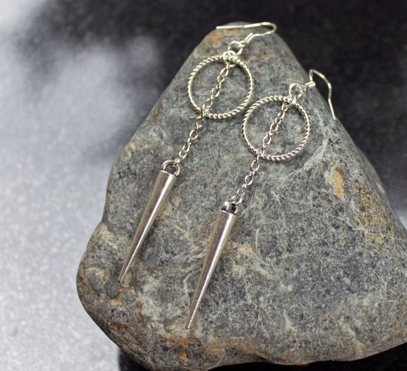 DANGEROUS Circle Spike and Chain Earrings, Silver Circle, Geometric, Minimalist, Sterling Silver Earwires, Goth, Punk, Witchy, Sansa Stark image 3