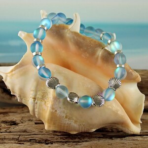 SEA BLUE Mermaid Glass Bracelet, Mystic Aura, Iridescent Shine, Silver Seashells, Stretchy Cord, Holographic Beads, Moonstone Glow image 3