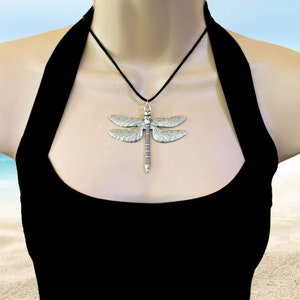 INTRIGUE Large Dragonfly Necklace, Antiqued Silver, Summer Jewelry, Flying Bug, Nature Jewelry, Black Cord, Insect, XL Wings, Personalized image 10