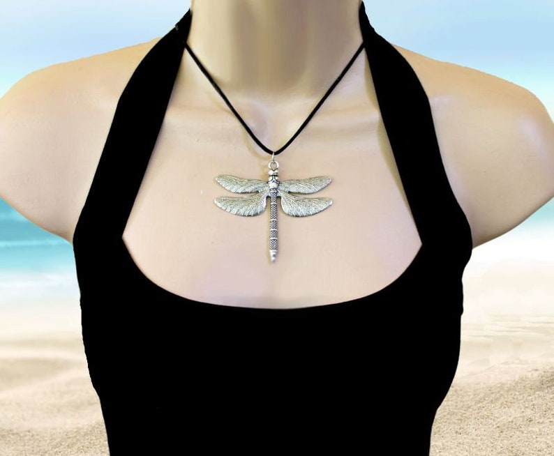 INTRIGUE Large Dragonfly Necklace, Antiqued Silver, Summer Jewelry, Flying Bug, Nature Jewelry, Black Cord, Insect, XL Wings, Personalized image 10