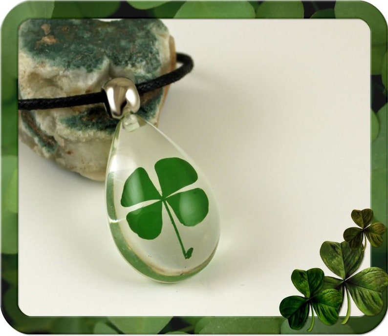 PURE LUCK Real 4 Leaf Clover Necklace, Shamrock, Large or Small Teardrop, St Patricks, Irish, Nature, Lucky, Personalized, Leather, Chain image 3