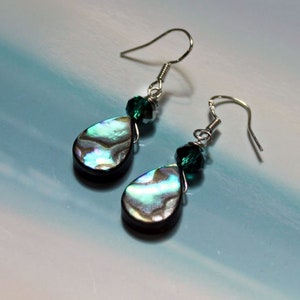 TIDEPOOL Abalone Shell Earrings, Sterling Silver Ear Wires, Blue Green Seashell, Crystal Bead, Paua Shell, Beach Ocean Jewelry, Teardrop image 8