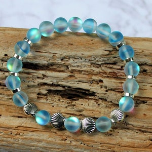 SEA BLUE Mermaid Glass Bracelet, Mystic Aura, Iridescent Shine, Silver Seashells, Stretchy Cord, Holographic Beads, Moonstone Glow image 1