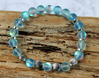 SEA BLUE - Mermaid Glass Bracelet, Mystic Aura, Iridescent Shine, Silver Seashells, Stretchy Cord, Holographic Beads, Moonstone Glow