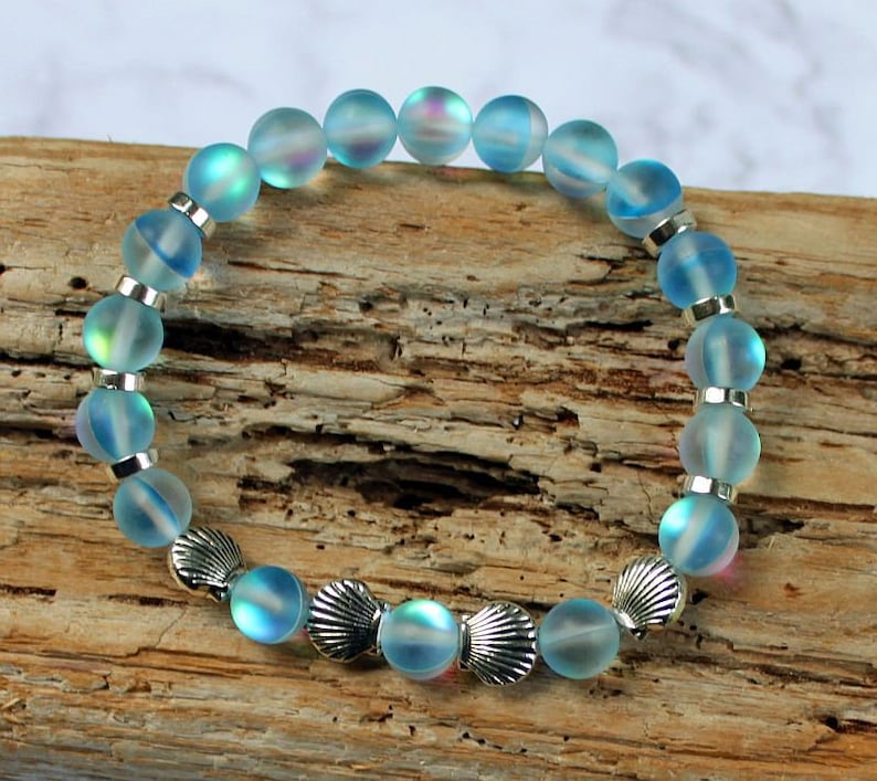 SEA BLUE Mermaid Glass Bracelet, Mystic Aura, Iridescent Shine, Silver Seashells, Stretchy Cord, Holographic Beads, Moonstone Glow image 1