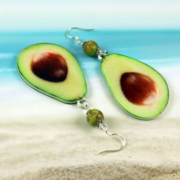 AVOCADO DREAMS - Avocado Gemstone Earrings, Sterling Silver, XL, Natural Crazy Agate, Food Jewelry, Green, Statement, Gift for Her, Long