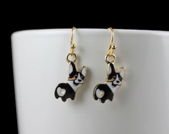 HAPPY DOG - Corgi Dog Earrings, Enameled, Black White Tan, Dog with Smile, Animal Jewelry, Dog Jewelry, Fur Baby, Pet, Animal Lover, Gold