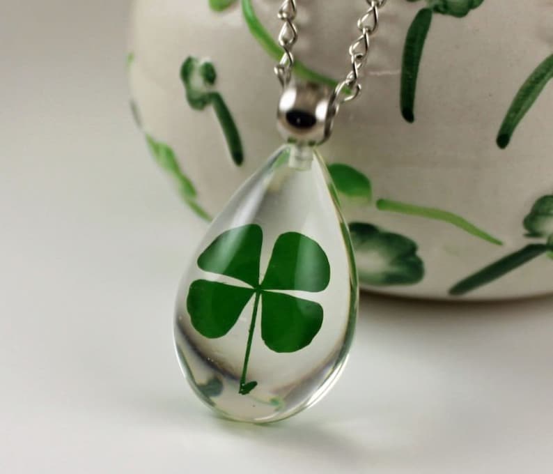 PURE LUCK Real 4 Leaf Clover Necklace, Shamrock, Large or Small Teardrop, St Patricks, Irish, Nature, Lucky, Personalized, Leather, Chain image 1