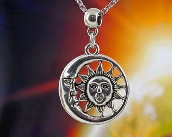 RADIATE - Crescent Moon and Sun Necklace, Moon with Face, Sun with Face, Rays of Sun, Silver, Black Leather, Circle, Celestial, Mens, Unisex