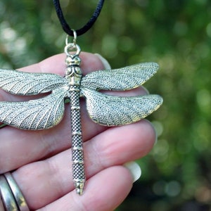 INTRIGUE Large Dragonfly Necklace, Antiqued Silver, Summer Jewelry, Flying Bug, Nature Jewelry, Black Cord, Insect, XL Wings, Personalized image 9