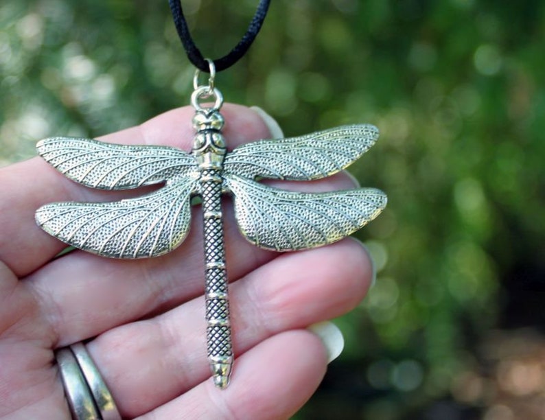 INTRIGUE Large Dragonfly Necklace, Antiqued Silver, Summer Jewelry, Flying Bug, Nature Jewelry, Black Cord, Insect, XL Wings, Personalized image 9