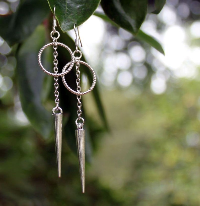 DANGEROUS Circle Spike and Chain Earrings, Silver Circle, Geometric, Minimalist, Sterling Silver Earwires, Goth, Punk, Witchy, Sansa Stark image 2