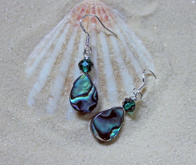 TIDEPOOL Abalone Shell Earrings, Sterling Silver Ear Wires, Blue Green Seashell, Crystal Bead, Paua Shell, Beach Ocean Jewelry, Teardrop image 6