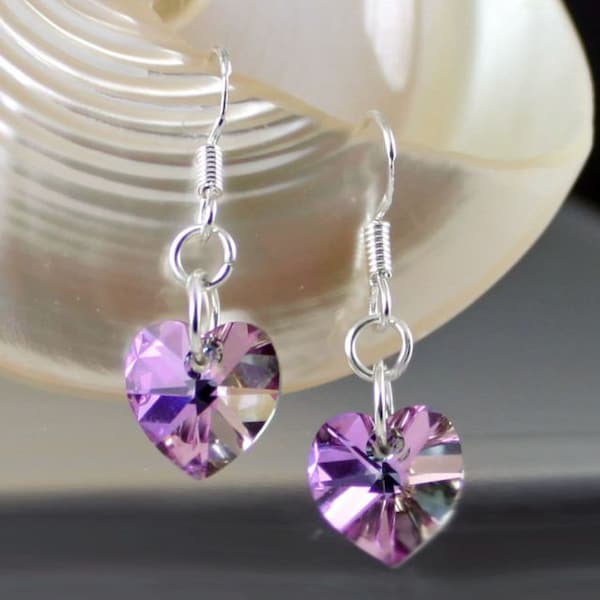 KU'UIPO - Petite Crystal Heart Earrings, Sterling Silver, Austrian Crystal, Faceted, Dainty, Pink Purple, Multi Shining Colors, Women, Girls