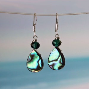 TIDEPOOL Abalone Shell Earrings, Sterling Silver Ear Wires, Blue Green Seashell, Crystal Bead, Paua Shell, Beach Ocean Jewelry, Teardrop image 3