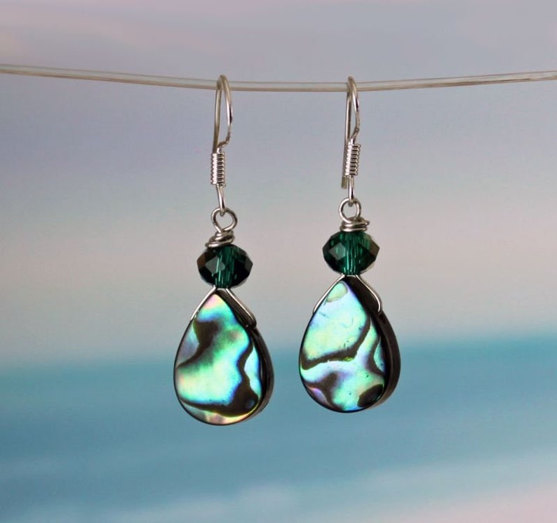 TIDEPOOL Abalone Shell Earrings, Sterling Silver Ear Wires, Blue Green Seashell, Crystal Bead, Paua Shell, Beach Ocean Jewelry, Teardrop image 3