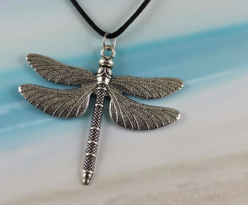 INTRIGUE Large Dragonfly Necklace, Antiqued Silver, Summer Jewelry, Flying Bug, Nature Jewelry, Black Cord, Insect, XL Wings, Personalized image 1