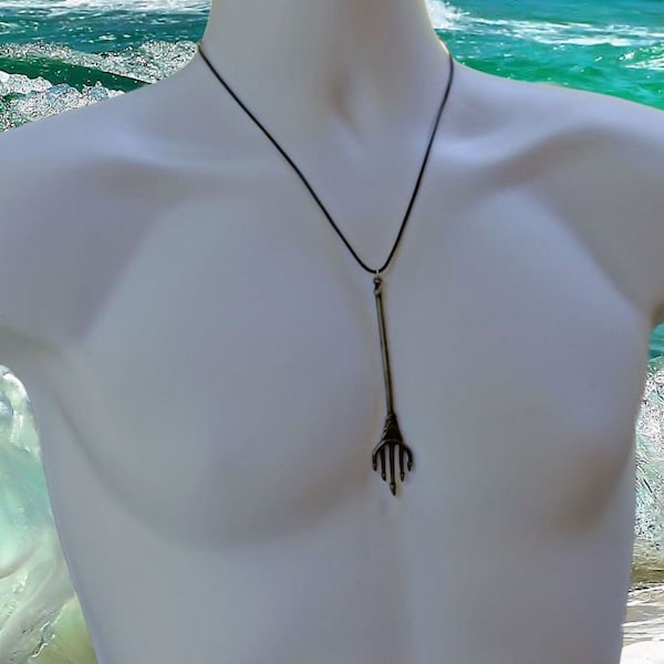 POSEIDON -Neptune Trident Spear Necklace, Mens Jewelry, Surfer, Silver, Black Leather, X Large Pendant, Mythology, Cosplay, Unisex,Statement