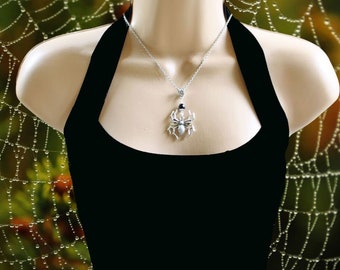 GIANT SPIDER Necklace or Choker, Antiqued Silver, Large Pendant, Faceted Black Crystal, Halloween, Gothic, Arachnid