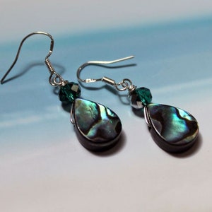 TIDEPOOL Abalone Shell Earrings, Sterling Silver Ear Wires, Blue Green Seashell, Crystal Bead, Paua Shell, Beach Ocean Jewelry, Teardrop image 5