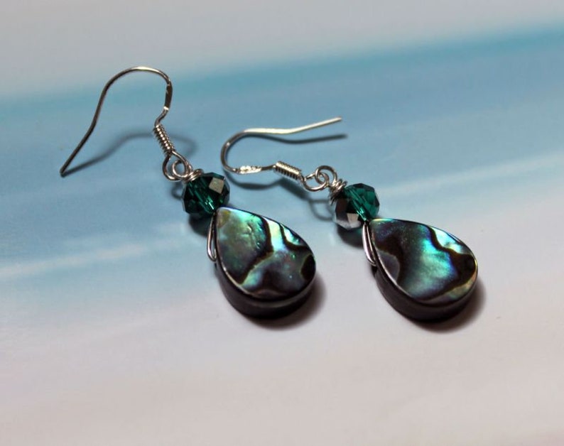 TIDEPOOL Abalone Shell Earrings, Sterling Silver Ear Wires, Blue Green Seashell, Crystal Bead, Paua Shell, Beach Ocean Jewelry, Teardrop image 5