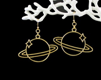 SATURN -  Planet Earrings, Saturn with Rings, Stars, Gold, Large, Celestial, Solar System, Cosmos, Space, Astronomy, Gift, Stocking Stuffer