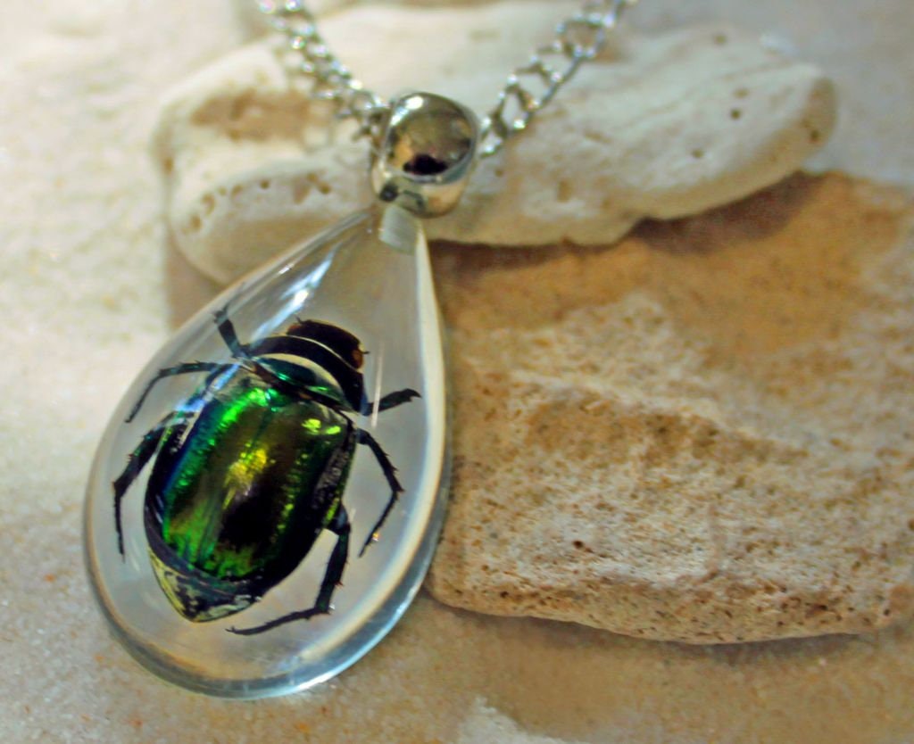 ETERNAL - Scarab Beetle Necklace, Real Bug, Egyptian Amulet, Insect Jewelry, Sacred Symbol, Iridescent, Real Beetle, Teardrop, Personalized
