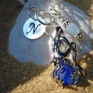 SUMMERTIME BLUES -Mermaid Locket, Seaglass Locket, Seaglass Pendant, Charm Necklace, Personalized Initial Monogram, Cobalt Blue, Sea Opal