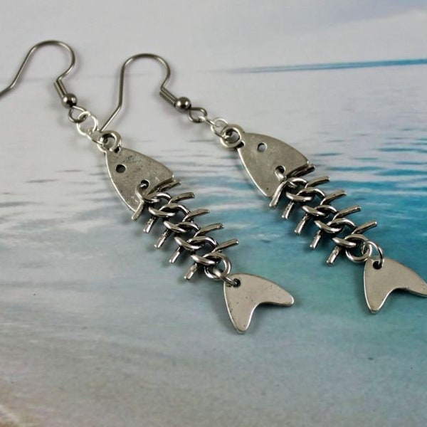 WISDOM - Fish Earrings, Fish Skeleton, Fish Bone, Silver, Moveable, Bendable, Articulating Fish, Long Earrings, Stainless Steel Ear Wires