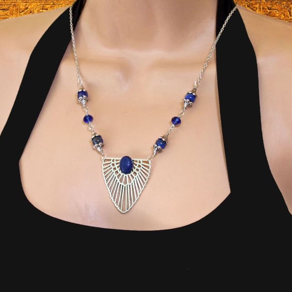 ISIS- Egyptian Revival Necklace, Lapis Lazuli Gemstone, Blue Carved Howlite Scarab, Large Silver Wing Pendant, Art Deco, Goddess, Cleopatra