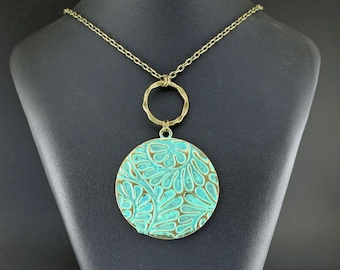 BRONZED BEAUTY - XL Antiqued Bronze Necklace, Embossed, Floral Leaf Pattern, Blue Green Patina, Brass Wavy Ring, Verdigris