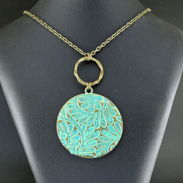 BRONZED BEAUTY - XL Antiqued Bronze Necklace, Embossed, Floral Leaf Pattern, Blue Green Patina, Brass Wavy Ring, Verdigris