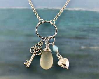 LOVE UNLOCKED - Genuine Sea Glass with Antiqued Silver Key and Heart with Vintage Bead Necklace, Silver Circle, Wire Wrapped Pendant