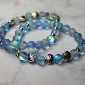 SEA BLUE Mermaid Glass Bracelet, Mystic Aura, Iridescent Shine, Silver Seashells, Stretchy Cord, Holographic Beads, Moonstone Glow image 6