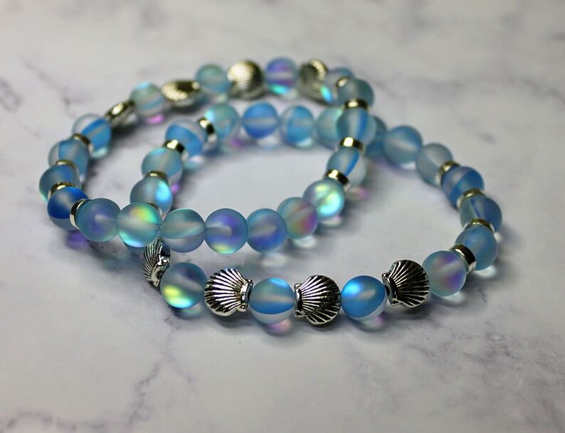 SEA BLUE Mermaid Glass Bracelet, Mystic Aura, Iridescent Shine, Silver Seashells, Stretchy Cord, Holographic Beads, Moonstone Glow image 6