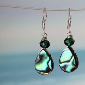 TIDEPOOL Abalone Shell Earrings, Sterling Silver Ear Wires, Blue Green Seashell, Crystal Bead, Paua Shell, Beach Ocean Jewelry, Teardrop image 1