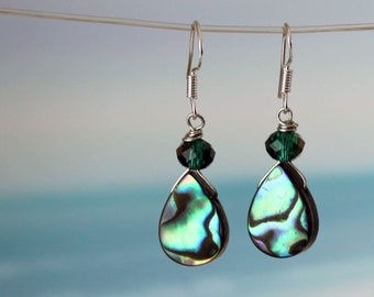 TIDEPOOL - Abalone Shell Earrings, Sterling Silver Ear Wires, Blue  Green Seashell, Crystal Bead, Paua Shell, Beach Ocean Jewelry, Teardrop