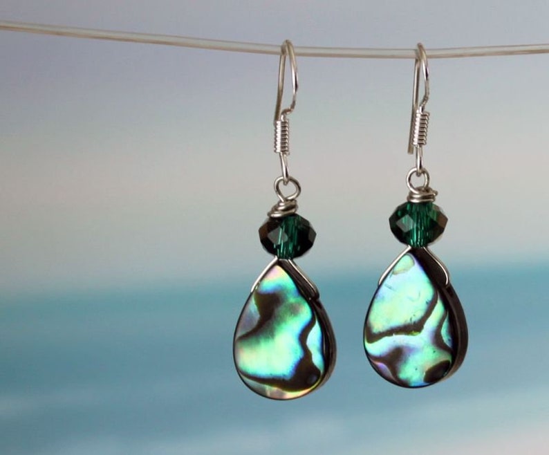 TIDEPOOL Abalone Shell Earrings, Sterling Silver Ear Wires, Blue Green Seashell, Crystal Bead, Paua Shell, Beach Ocean Jewelry, Teardrop image 1