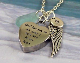 ALTHOUGH - Real Seaglass Cremation Urn Necklace, Stainless Steel Engraved Heart, Angel Wing, Personalized Initial Charm, Memorial Pendant