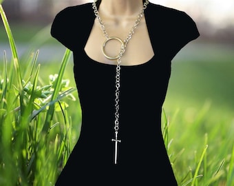 LADY SANSA - Large Circle Lariat Necklace, Spike, Crown, Sword, Geometric ,Silver Circle ,Choker, Goth