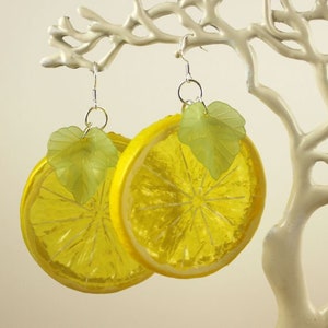 LUSCIOUS -  XL Lemon Earrings, Sterling Silver, Green Leaves, Lemon Slice, Lightweight, Cute Fruit, Citrus, Lemon Orange Lime Jewelry, Gift