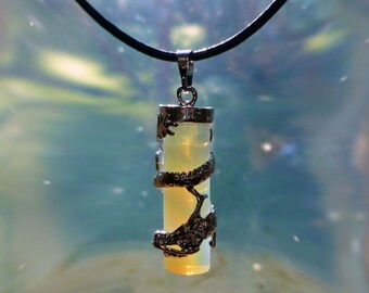 DRAGON FIRE - Opalite Dragon Necklace, Sea Opal Cylinder Wrapped in Dragon, Mythical Crystal, Mystical, Silver, Leather, GOT, Men, Women