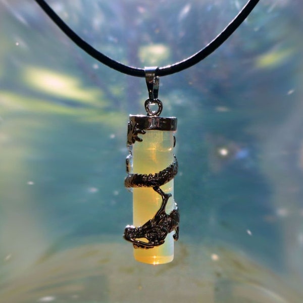 DRAGON FIRE - Opalite Dragon Necklace, Sea Opal Cylinder Wrapped in Dragon, Mythical Crystal, Mystical, Silver, Leather, GOT, Men, Women