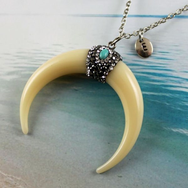 HALF MOON BAY - Crescent Moon Necklace, Large Double Horn, Faux Ivory, Pave Rhinestones, Turquoise Cab, Tusk, Moon Jewelry, Personalized