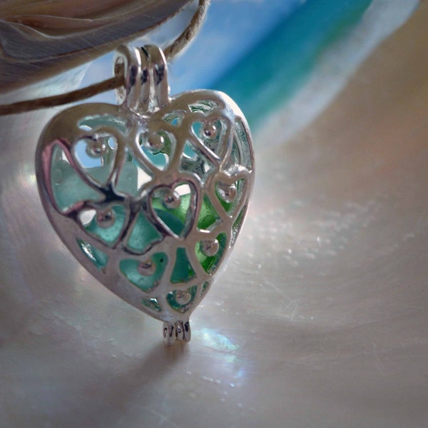 SECRET HEART -Real Seaglass Heart Locket, Seaglass Pendant, Sea Glass Jewelry, Filigree Heart, Bridesmaid Gift, Personalized, Valentine Gift
