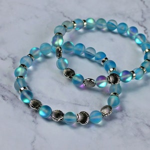 SEA BLUE Mermaid Glass Bracelet, Mystic Aura, Iridescent Shine, Silver Seashells, Stretchy Cord, Holographic Beads, Moonstone Glow image 9